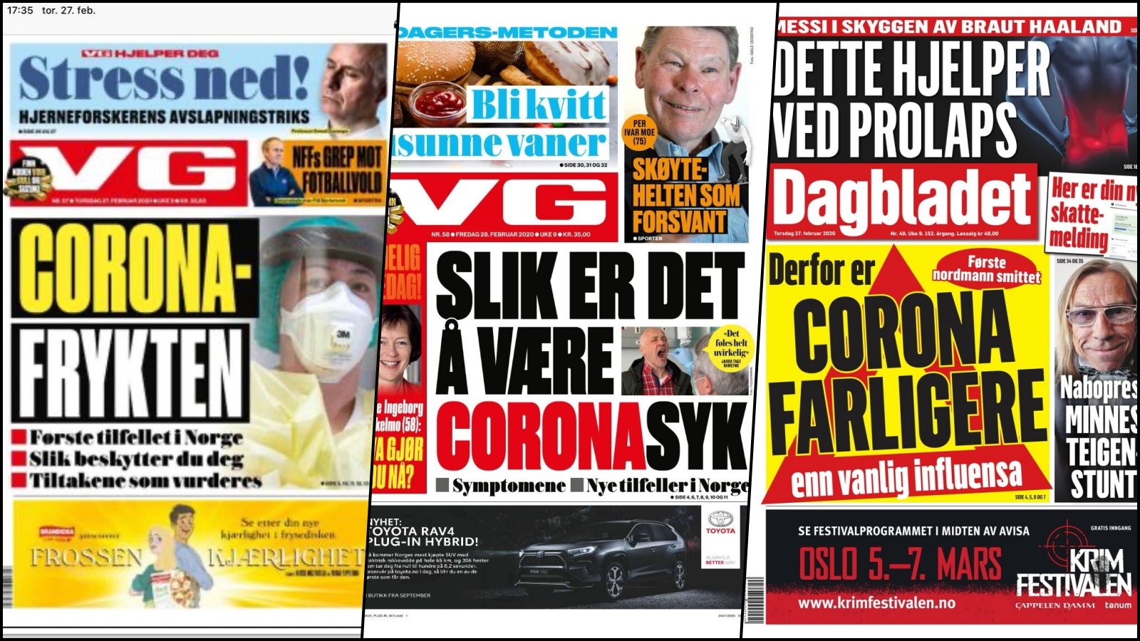 Faksimile fra VG, mars 2020. Brukt som eksempel på hvordan pandemien ble presentert i norske medie